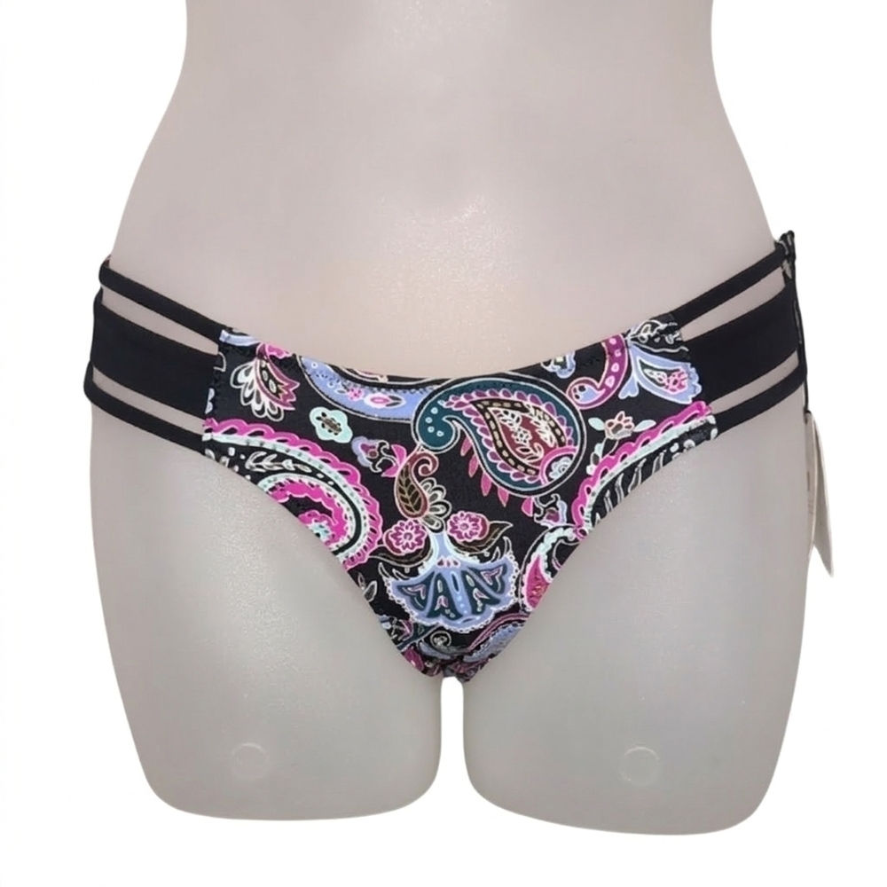NEW Shade & Shore Sun Coast Paisley Strappy Bikini Bottoms Black Pink